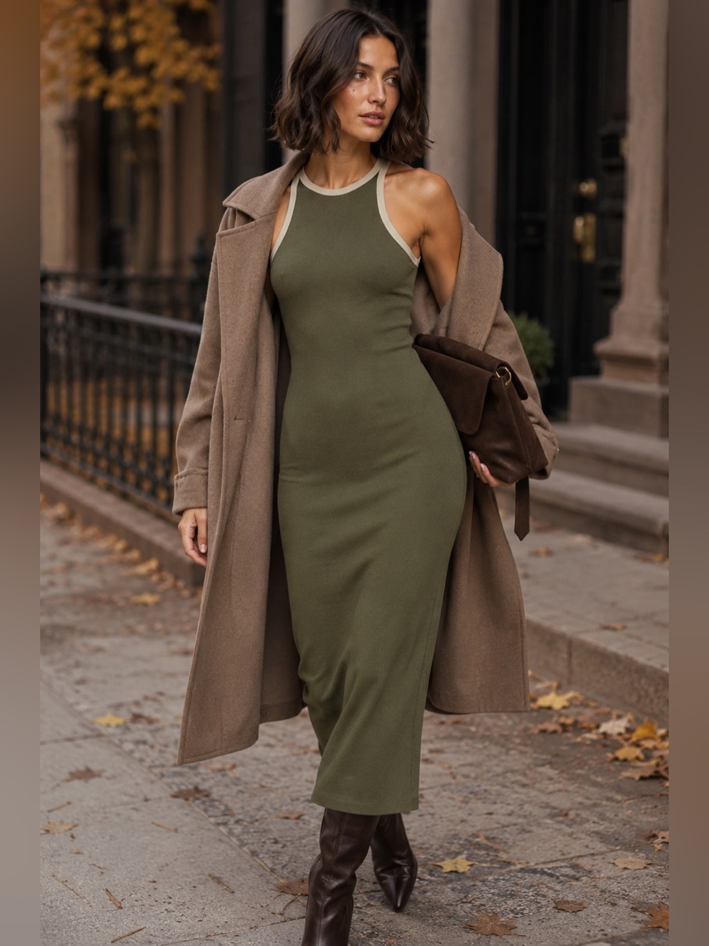Mango Green Maxi Dress with White Trim NWT